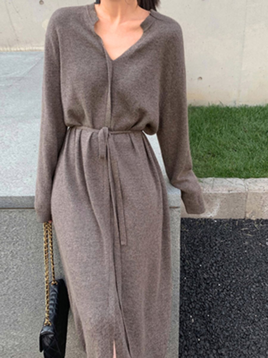 Fashion Solid Color Lace Long Sleeve Knitted Dress